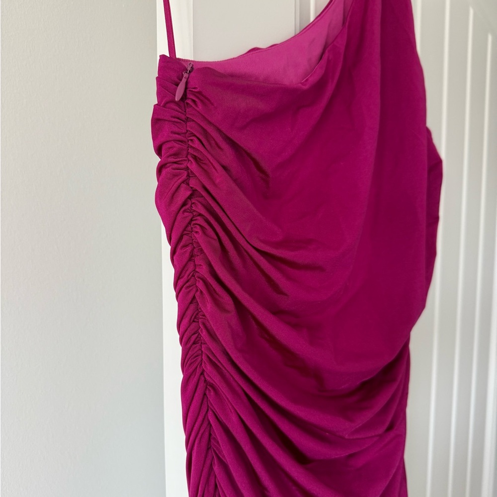 One-Shoulder Ruched Fuchsia Dress - Picture 5 of 6